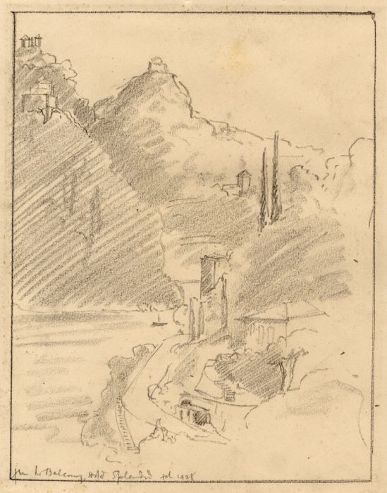 Marcus Adams - 1928 Graphite Drawing, From the Balcony, Hotel Splendid, Italy