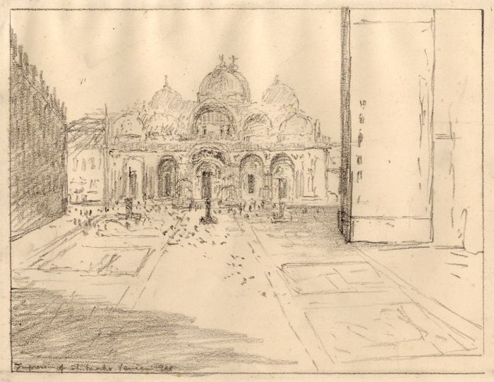 Marcus Adams - 1928 Graphite Drawing, St. Mark's, Venice