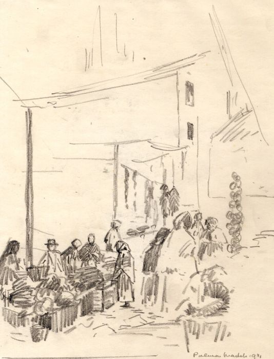 Marcus Adams - 1931 Graphite Drawing, Palma Market, Majorca