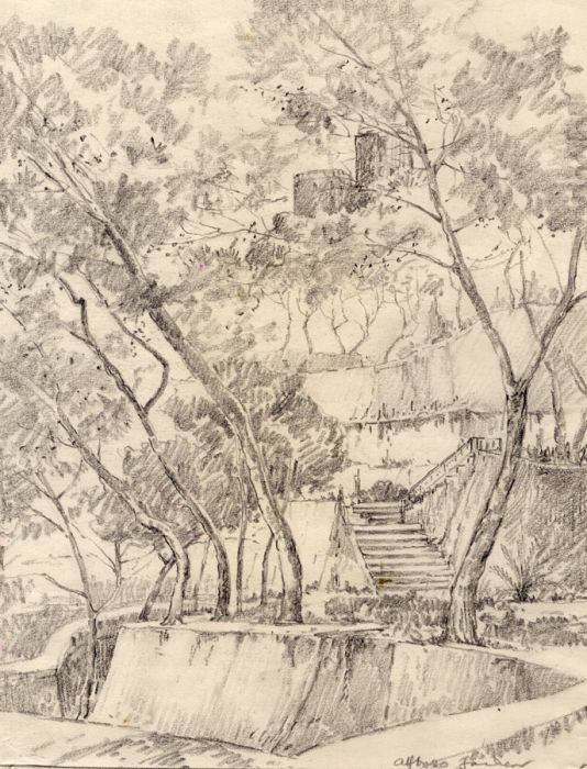 Marcus Adams - Early 20th Century Graphite Drawing, Hillside, Majorca