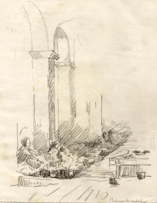 Marcus Adams - Early 20th Century Graphite Drawing, Palam Market, Majorca