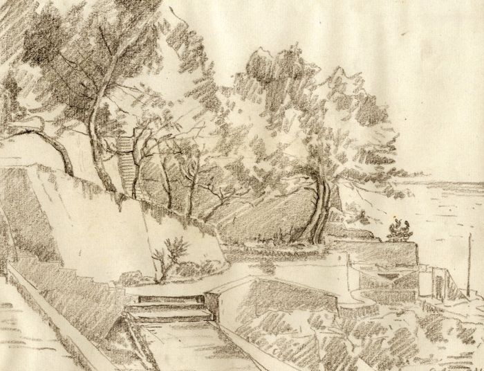 Marcus Adams - 1931 Graphite Drawing, Coastal View, Majorca