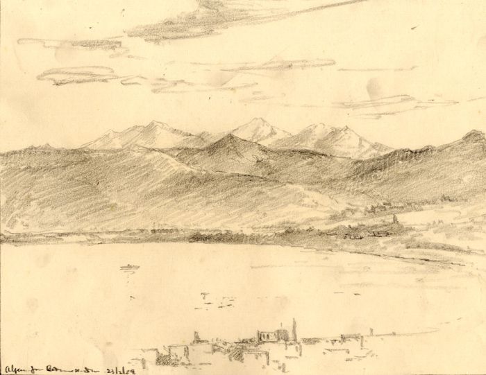 Marcus Adams - 1929 Graphite Drawing, Coastal View, Majorca