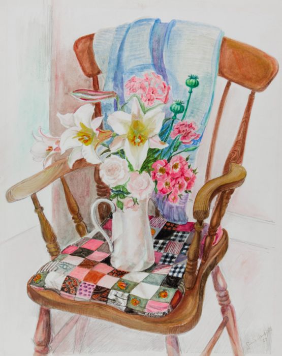 Sonia Handford - 1987 Watercolour, Devon Flowers on a Patchwork Cushion