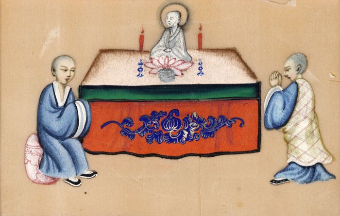 Early 20th Century Gouache - Buddhists Praying