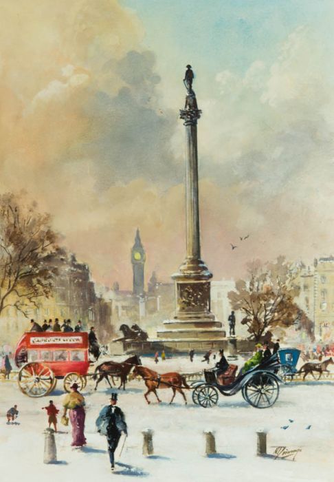 Norman Dinnage - Contemporary Gouache, Nelson's Column, Winter
