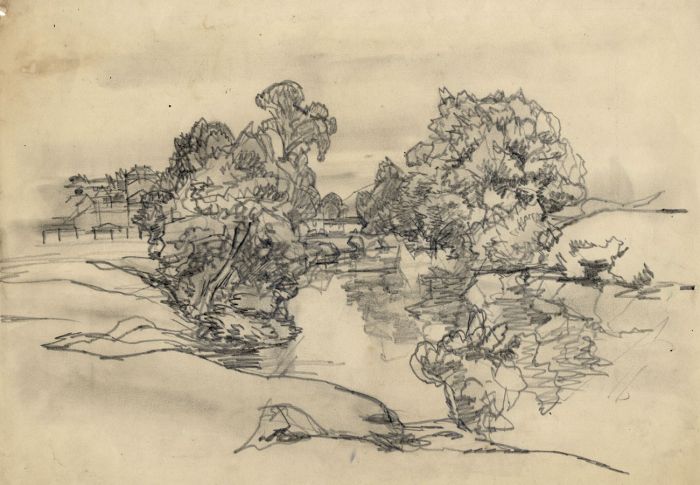 Harold Hope Read - Mid 20th Century Graphite Drawing, Trees by the River