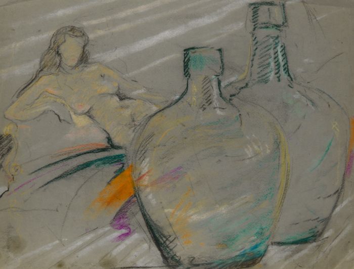 Gilbert Adams - Mid 20th Century Pastel, Woman Behind Bottles