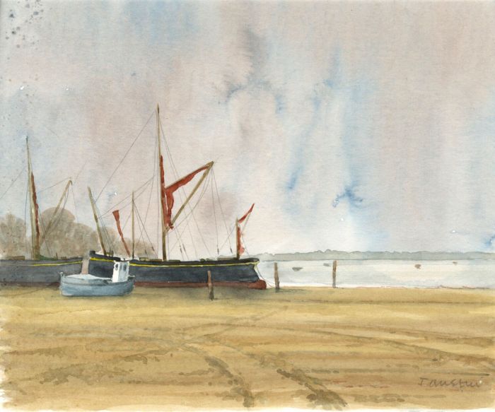 John Austin - Contemporary Watercolour, Boats at Low Tide
