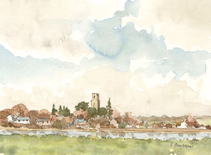 John Austin - Contemporary Watercolour, View of Town and River
