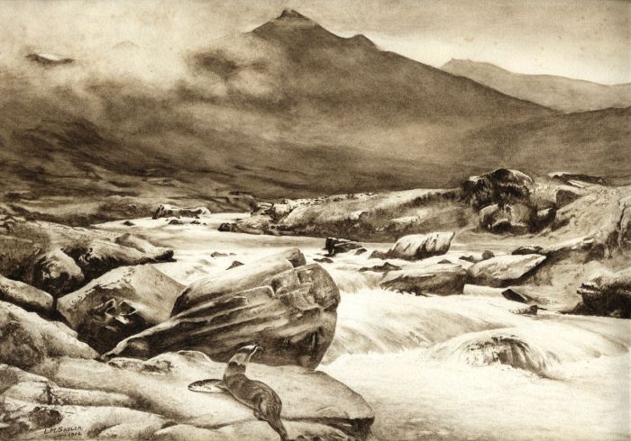 L.M. Sadler - Monochrome 1914 Watercolour, Sublime Landscape with Otter