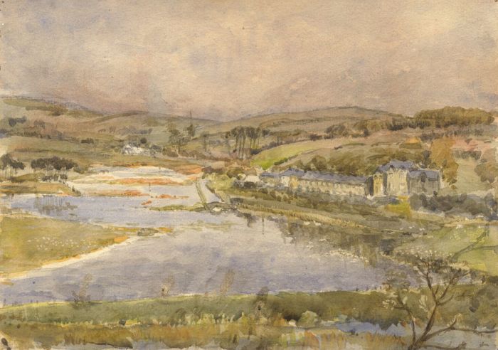 Mid 20th Century Watercolour - River Landscape with Houses