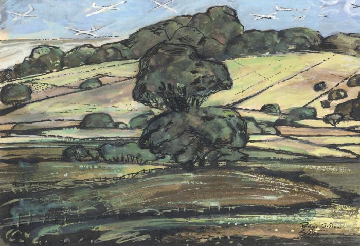 Richard Harding Seddon PRWS - Contemporary Gouache, Landscape with Airplanes