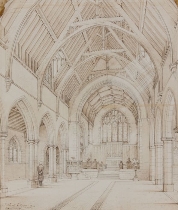 J. Alick Thomas - Detailed 1898 Pen and Ink Drawing, Church Interior