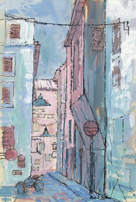 Richard Harding Seddon PRWS - Contemporary Gouache, Street Scene in Blue & Pink