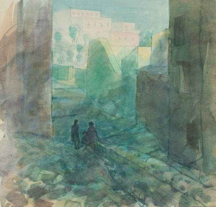 Richard Harding Seddon PRWS - Contemporary Watercolour, Couple Talking in Street