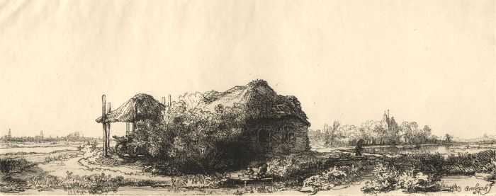 After Rembrandt - Early 20th Century Etching, Landscape with Cottage and Haybale