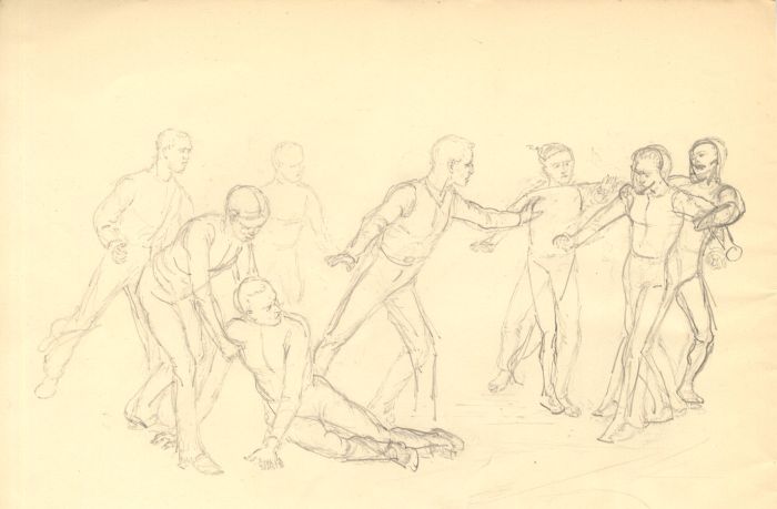 Harry B. Tansley - Late 19th Century Graphite Drawing, Study of Men in a Fight