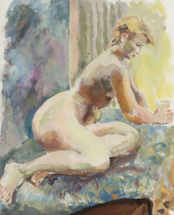 Contemporary Gouache - Nude Holding Glass