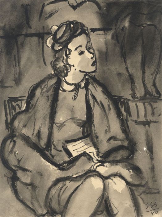 Monogram Z.S.S. - 1940 Pen and Ink Drawing, Woman on Train