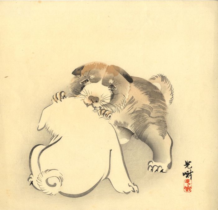 Guang Wo - Late 19th Century Japanese Woodblock, Dogs Playing