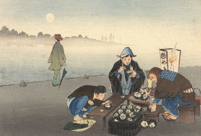 Late 19th Century Japanese Woodblock - Eating by the Sea