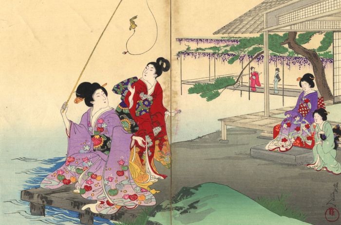 Late 19th Century Japanese Woodblock - Women Fishing