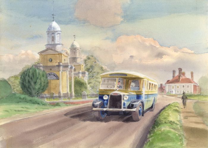 Geoffrey Richard Mortimer - Mid 20th Century Watercolour, Bus Passing a Church