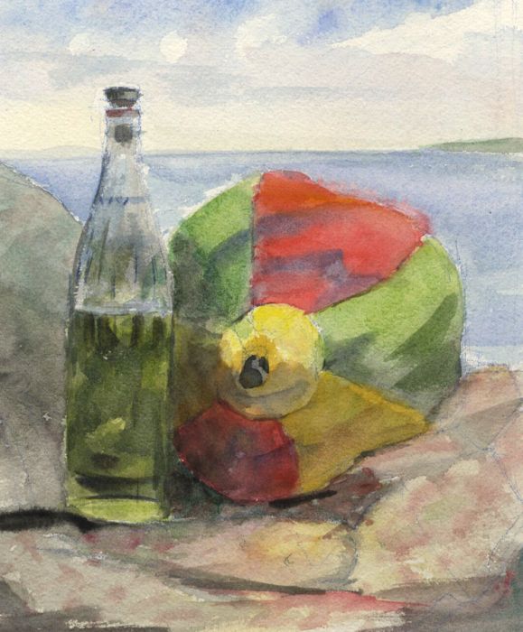 Geoffrey Richard Mortimer - Mid 20th Century Watercolour, Bottle and Beach Ball