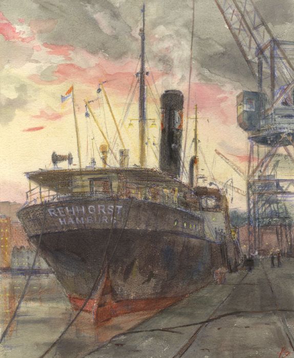 Geoffrey Richard Mortimer - 1962 Watercolour, SS Rehhorst, Ipswich Docks