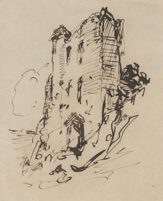 Samuel Gillespie Prout  - 19th Century India Ink, Study of a Castle Ruin