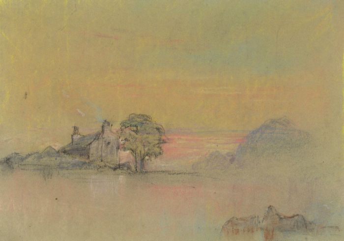 Samuel Gillespie Prout  - 19th Century Pastel, Sunset over a Lake and Cottage