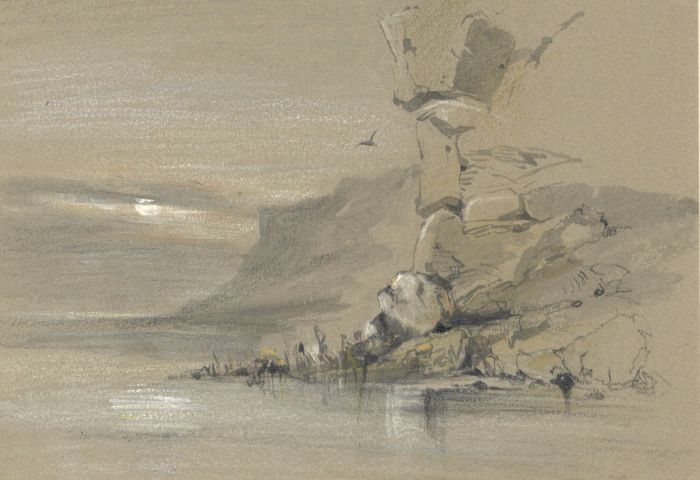 Samuel Gillespie Prout  - 19th Century India Ink, Rocky Outcrop at Dusk