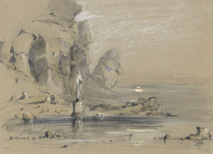 Samuel Gillespie Prout  - 19th Century India Ink, Statue in Coastal Rocks