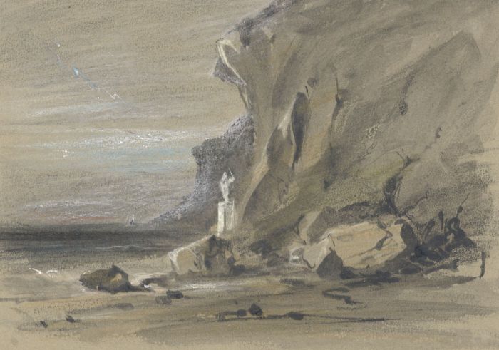 Samuel Gillespie Prout  - 19th Century India Ink, Statue in Coastal Rocks