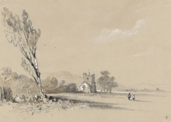 Samuel Gillespie Prout  - 19th Century Graphite Drawing, Walkers by a Church 