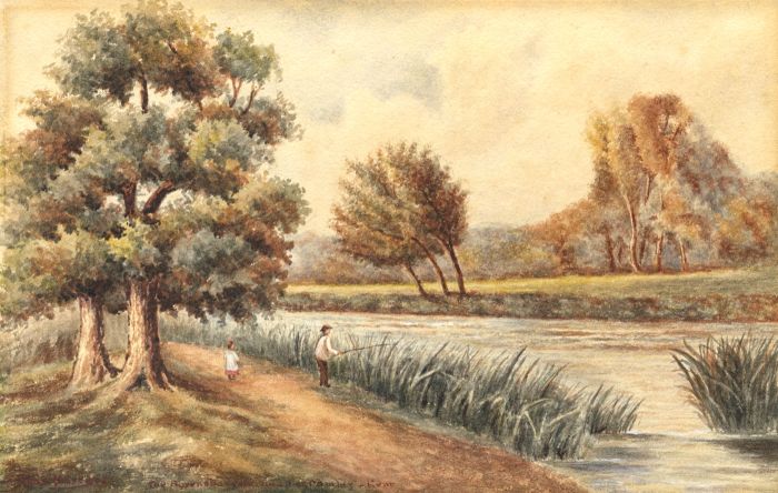 J Masters - 19th Century Watercolour, Fishing on the River Ravensbourne