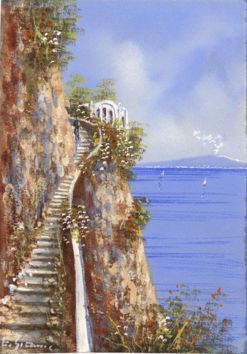 Ettore Gianni - 1947 Gouache, The Steps on the Isle of Capri