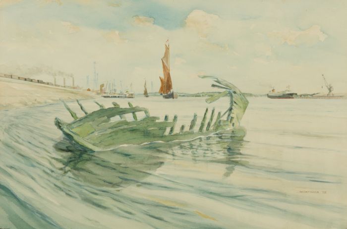 Geoffrey Richard Mortimer - 1975 Watercolour, Barges Entering Ipswich