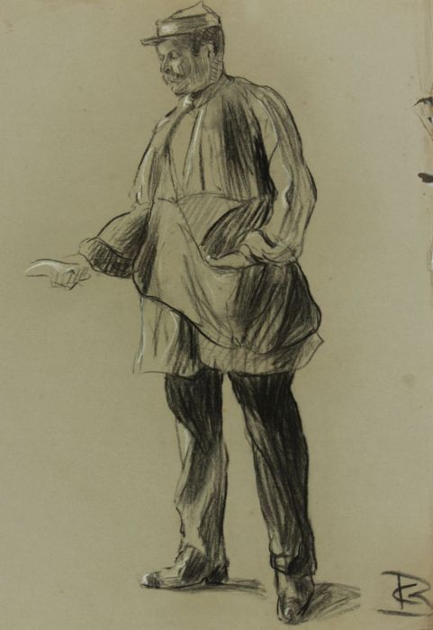 G.B. Monogram - Early 20th Century Charcoal Drawing, Man in Uniform
