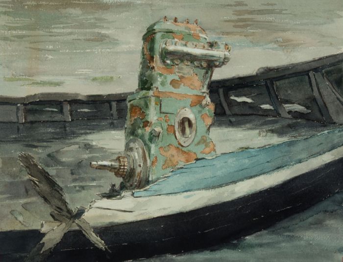 Geoffrey Richard Mortimer - 1965 Watercolour, Engine of a Wrecked Boat, Ipswich