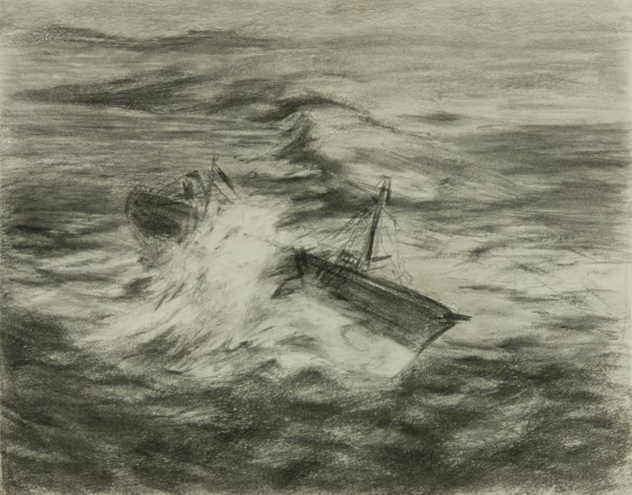 Geoffrey Richard Mortimer - 1964 Charcoal Drawing, Ship on Stormy Seas