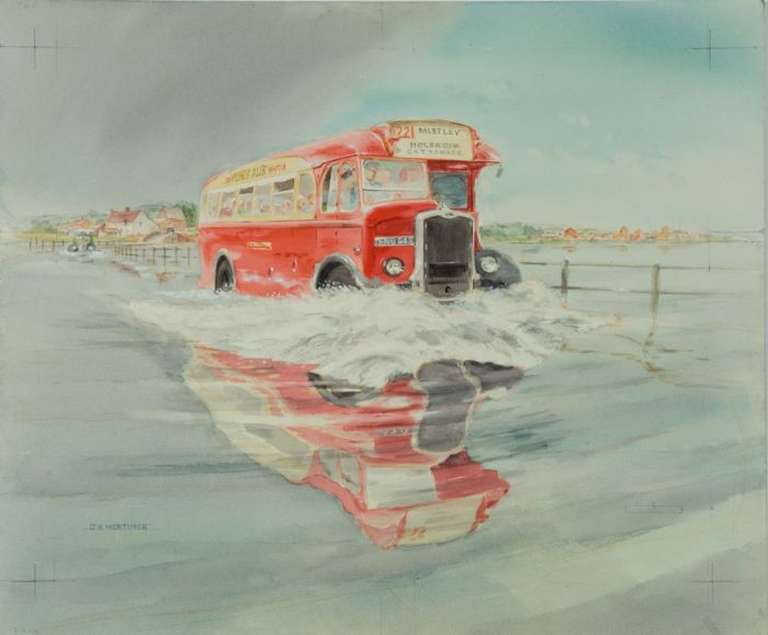 Geoffrey Richard Mortimer - Mid 20th Century Watercolour, Bus on Flooded Road