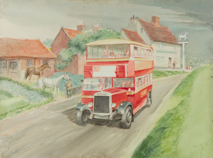 Geoffrey Richard Mortimer - Mid 20th Century Watercolour, Bus Passing Houses