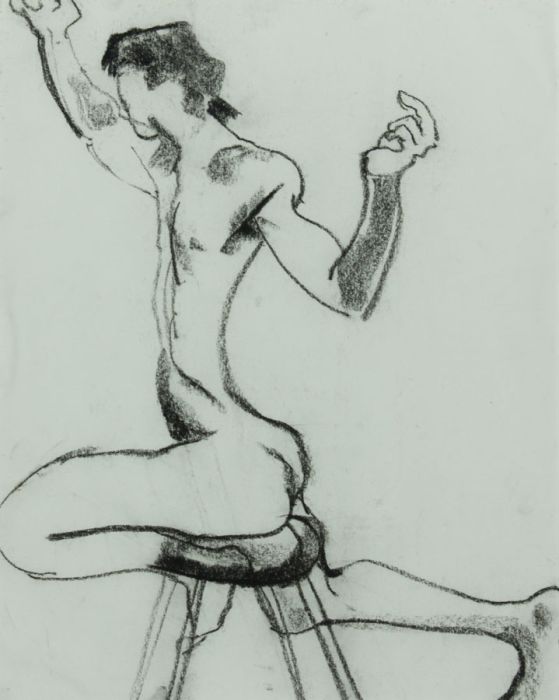 EDMA - Contemporary Charcoal Drawing, Nude Balancing on Stool