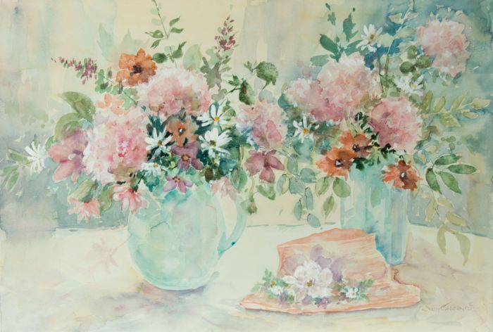 Judy Gadsby - 1992 Watercolour, Study of Vases and a Hat