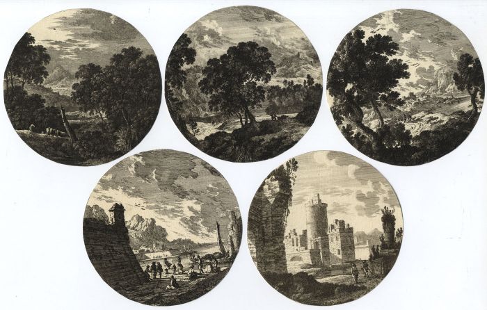 A set of 5 round 18th Century Etchings - Assorted Landscape Views