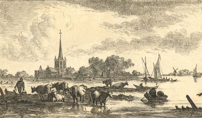 Johannes de Visscher (c.1633-c.1692) - 17th Century Etching, Church and Cattle