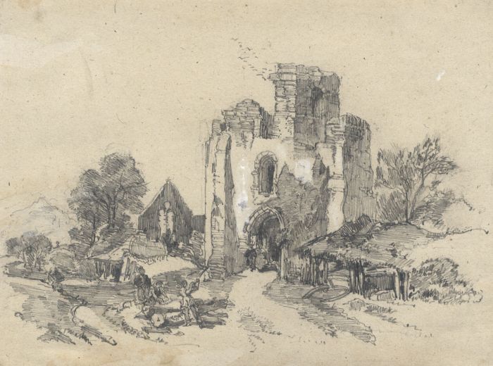 Early 19th Century Graphite Drawing - Figures Outside a Ruin