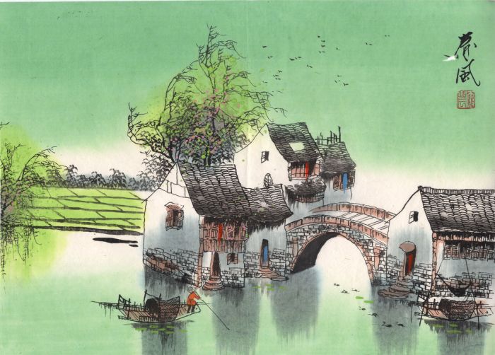 20th Century Mixed Media - Japanese River Landscape in Summer